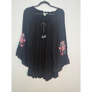 Vintage America Blues Black Boho Embroidered Top Size XXL